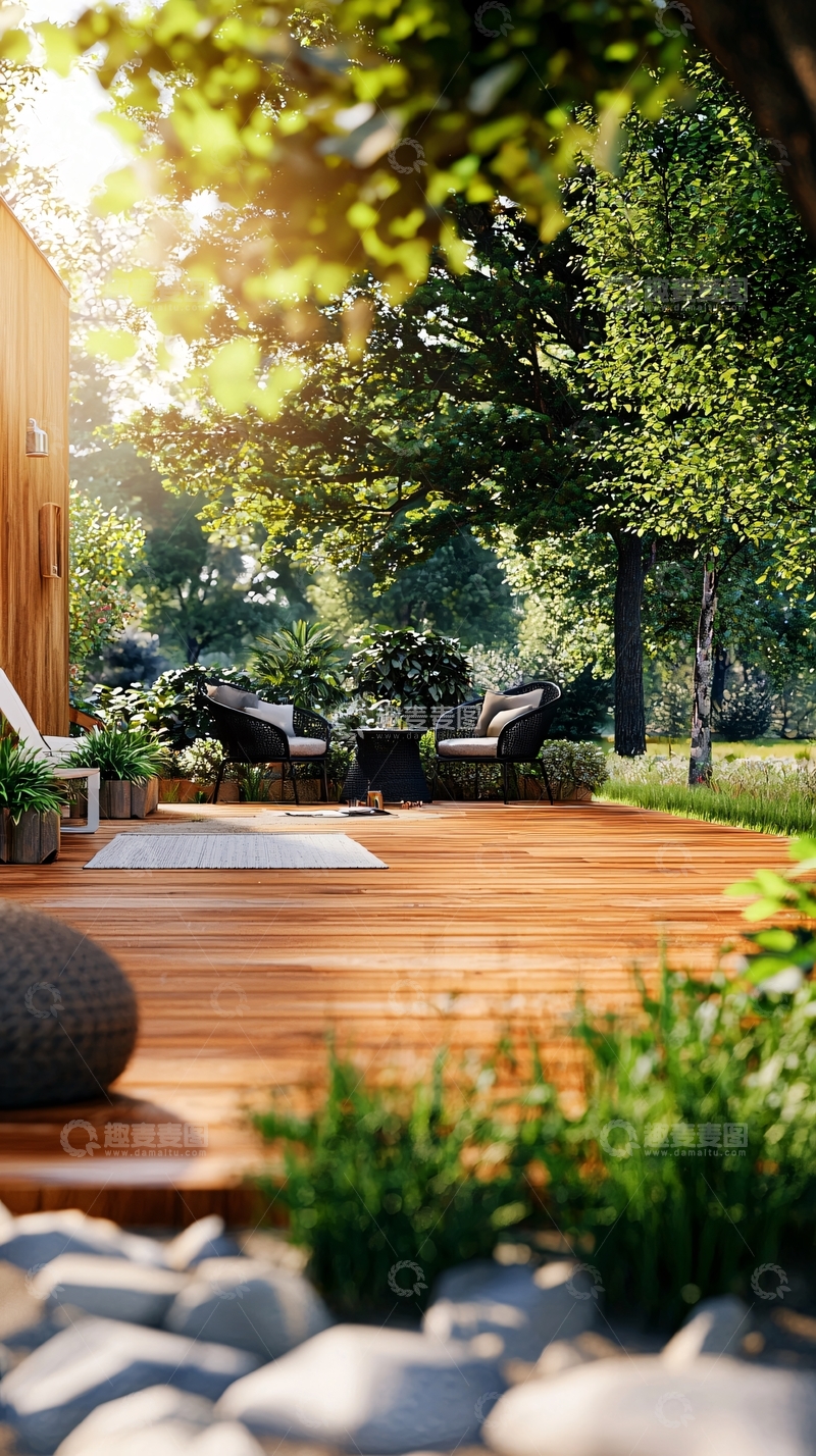 高清大图下载【趣麦麦图】阳光下的木质露台花园