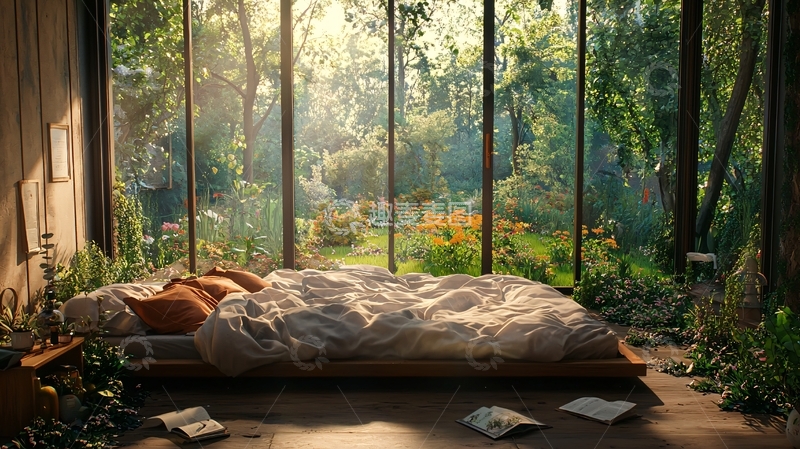 高清大图下载【趣麦麦图】阳光透过落地窗洒在床上