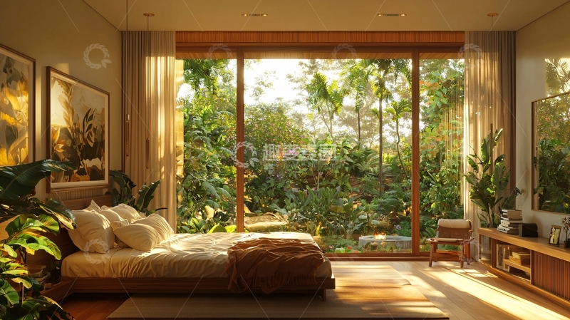 高清大图下载【趣麦麦图】阳光洒满卧室的落地窗