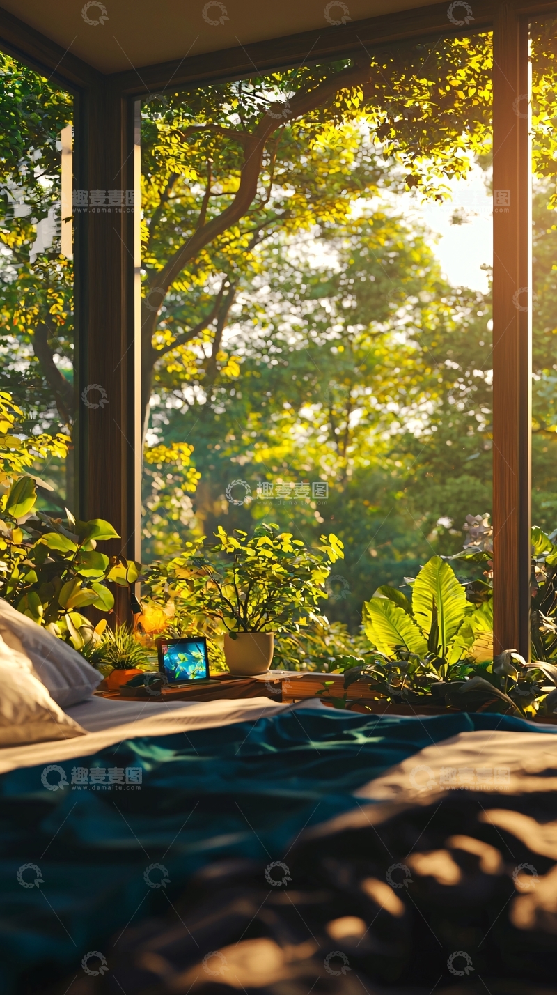 高清大图下载【趣麦麦图】阳光洒进房间的绿植卧室