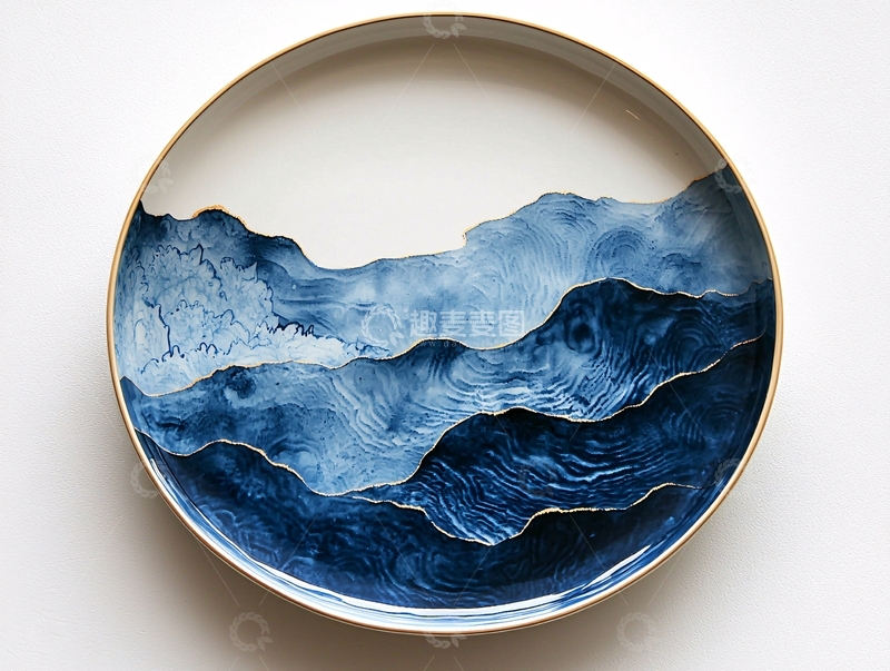高清大图下载【趣麦麦图】蓝色山水画的陶瓷盘