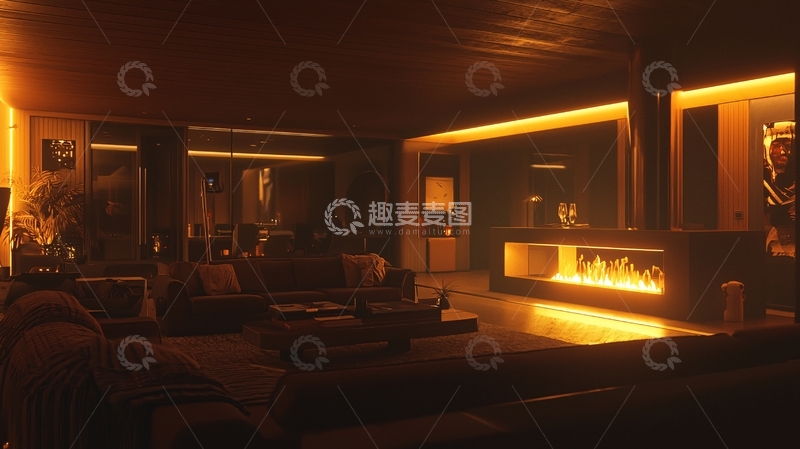 高清大图下载【趣麦麦图】温暖昏黄灯光下的现代客厅