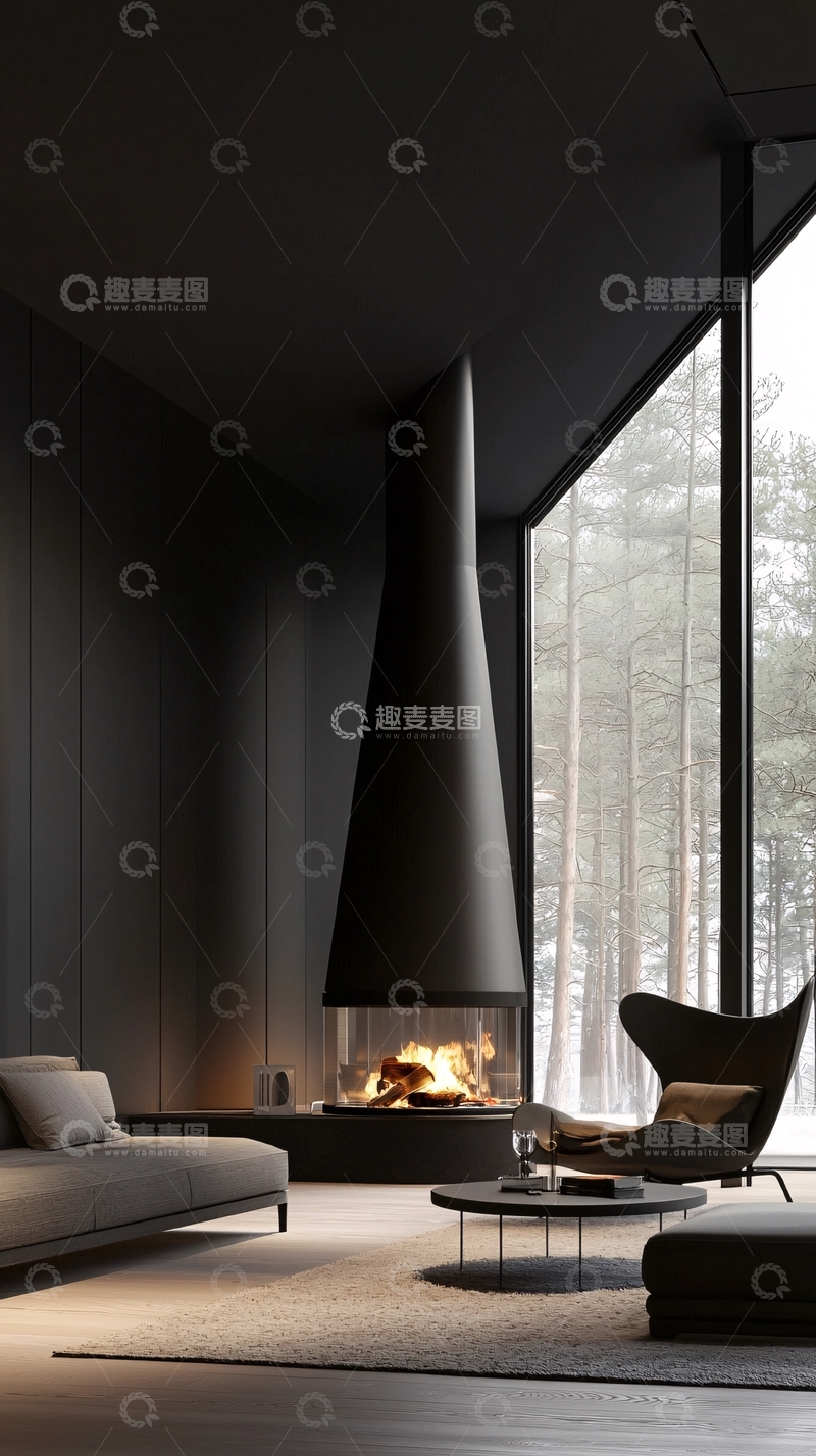高清大图下载【趣麦麦图】现代简约黑色系壁炉客厅设计