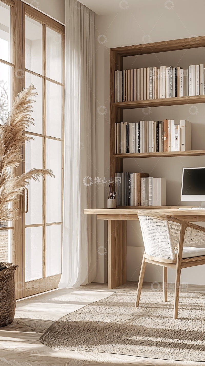 高清大图下载【趣麦麦图】极简风书房阳光洒进