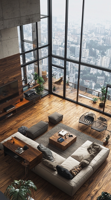 高层公寓客厅鸟瞰图