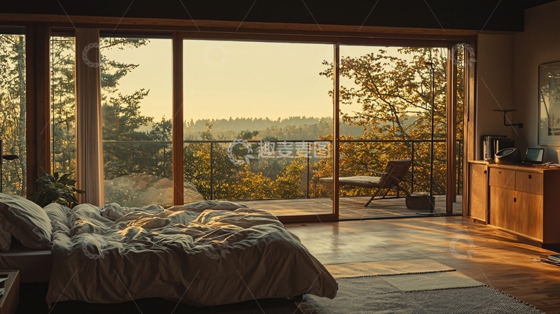 高清大图下载【趣麦麦图】日出山景落地窗卧室