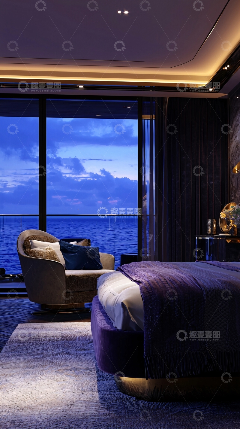 高清大图下载【趣麦麦图】极简海景卧室夜景