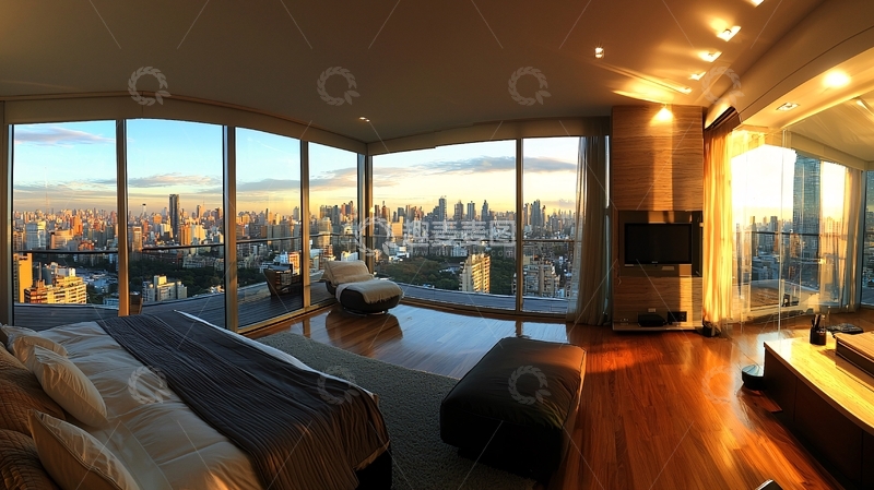 高清大图下载【趣麦麦图】高层公寓卧室落地窗夜景