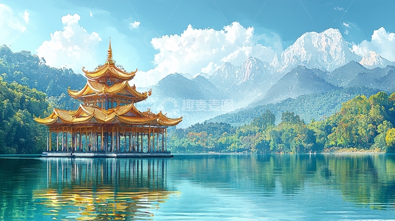 高清大图下载【趣麦麦图】湖边金顶阁楼
