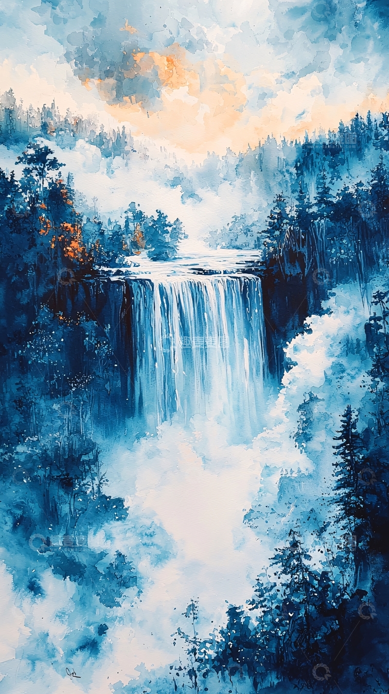 高清大图下载【趣麦麦图】水墨蓝调瀑布
