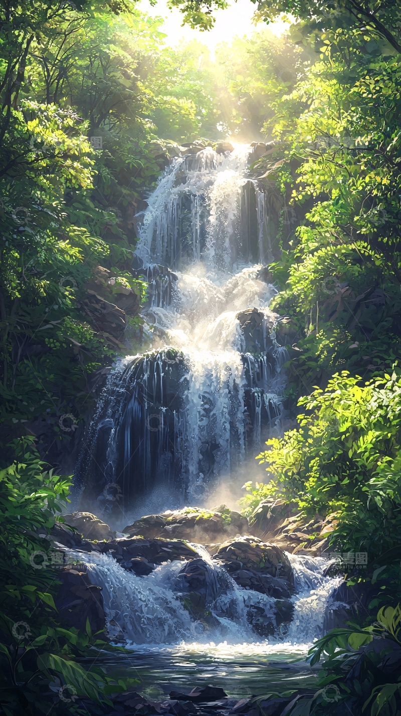 高清大图下载【趣麦麦图】茂密森林中的瀑布