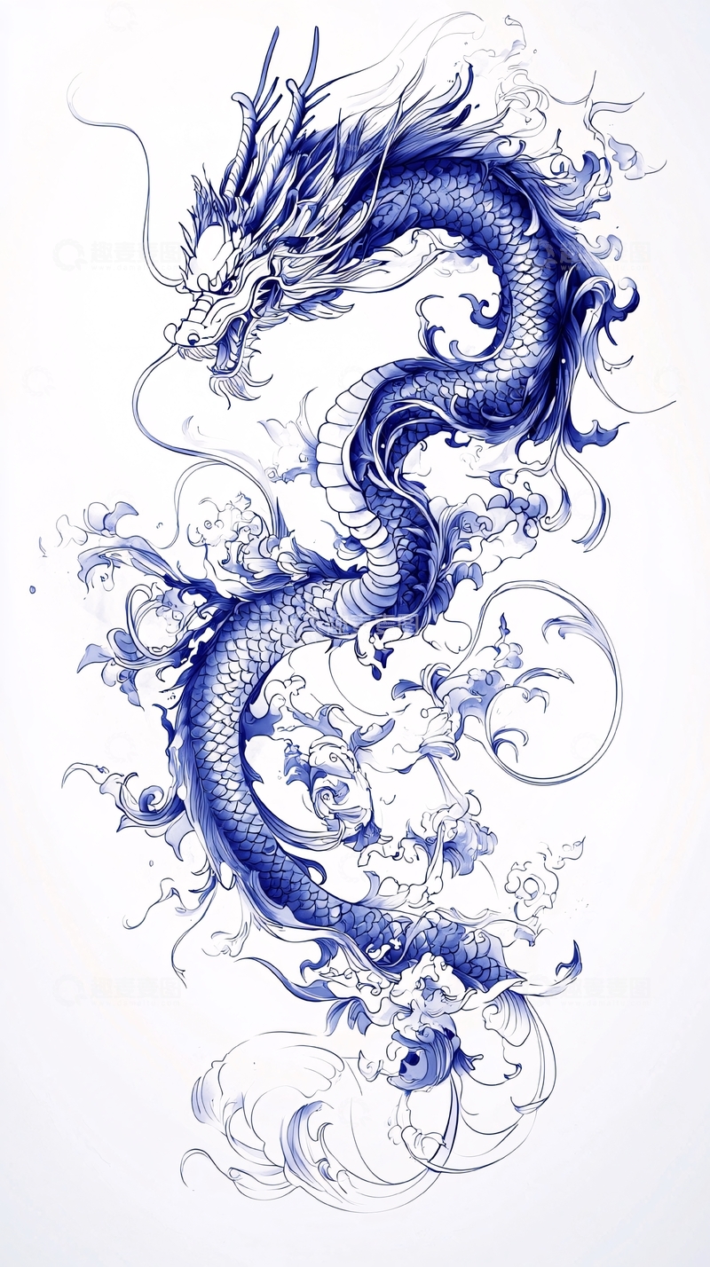 高清大图下载【趣麦麦图】蓝色水墨龙图腾