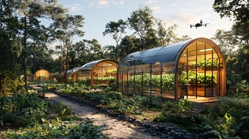 森林中弧形玻璃温室