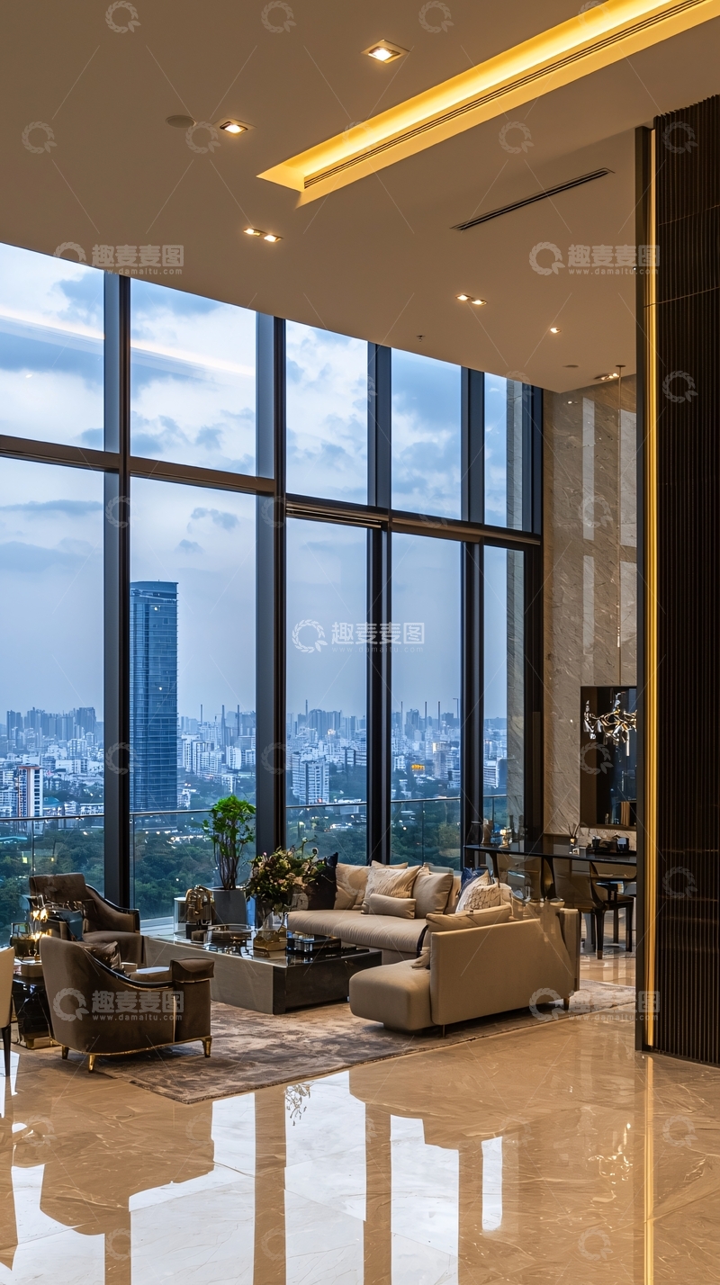 高清大图下载【趣麦麦图】高端公寓客厅落地窗夜景