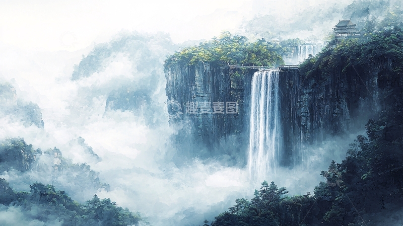 高清大图下载【趣麦麦图】山水仙境瀑布云雾缭绕