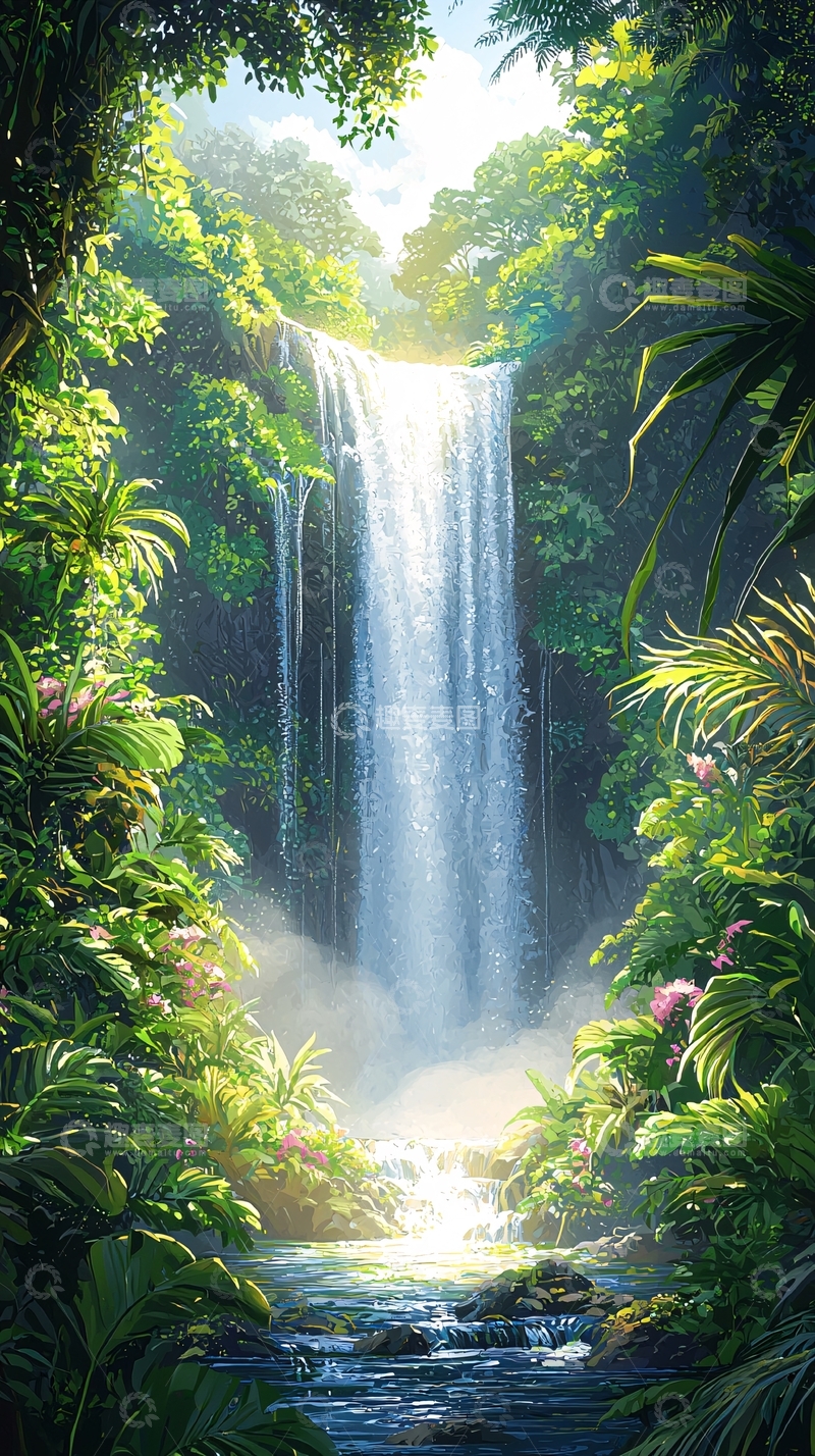 高清大图下载【趣麦麦图】热带雨林中的瀑布