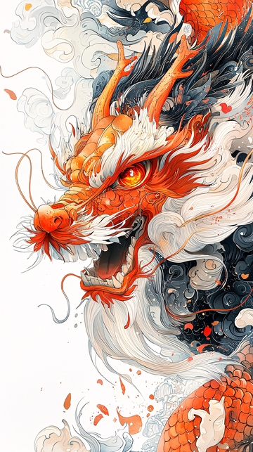 红色中国龙水墨风格