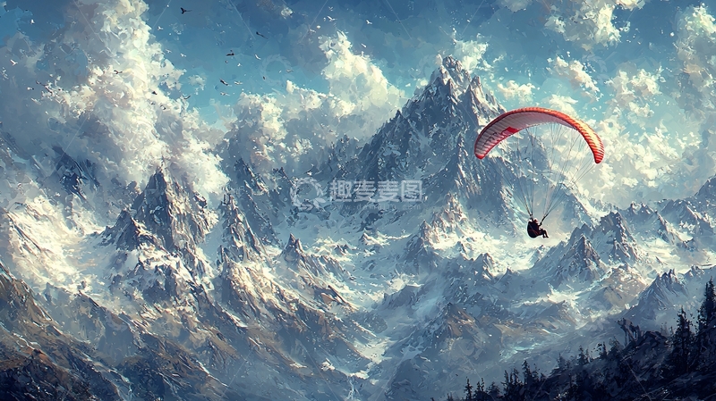 高清大图下载【趣麦麦图】雪山滑翔伞