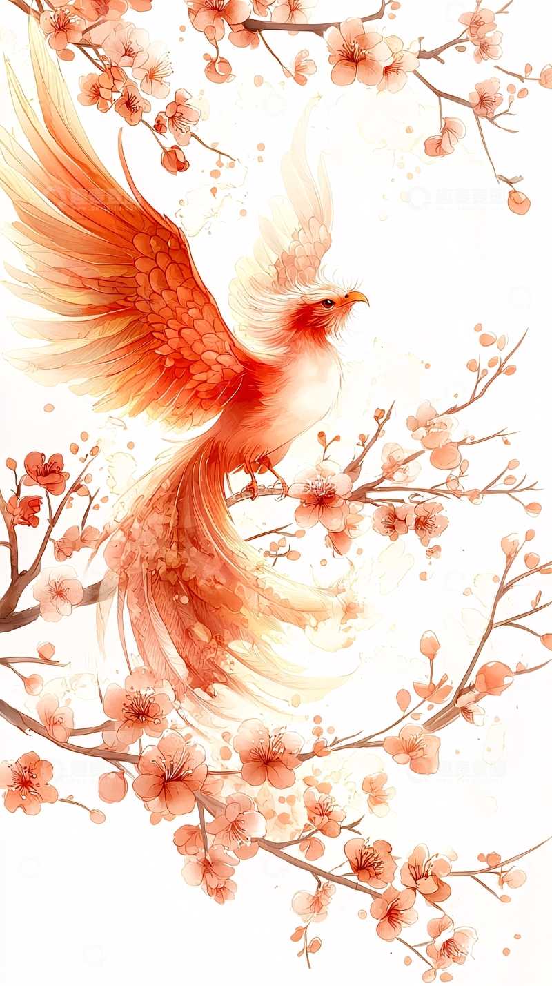 高清大图下载【趣麦麦图】红色凤凰与粉色花朵的唯美意境图
