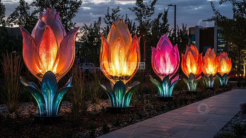 高清大图下载【趣麦麦图】夜晚灯光下的彩色郁金香雕塑