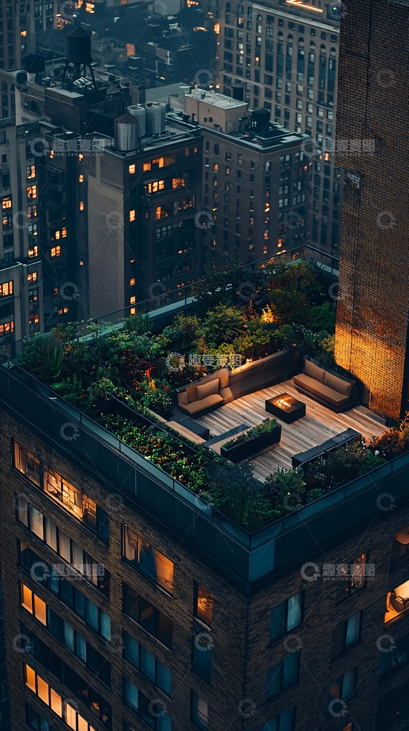 高清大图下载【趣麦麦图】高楼屋顶花园夜景