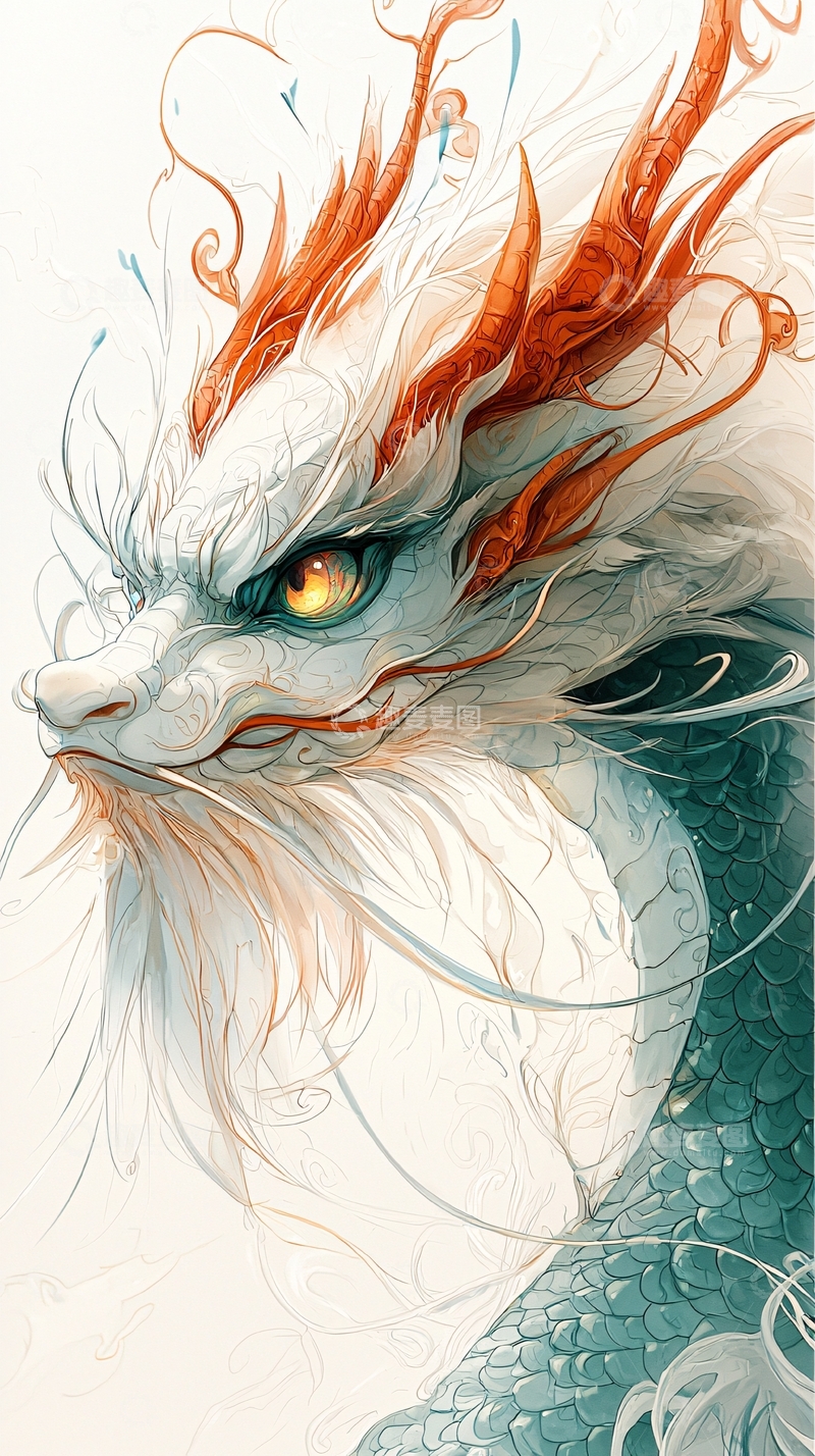 高清大图下载【趣麦麦图】白色水彩中国龙