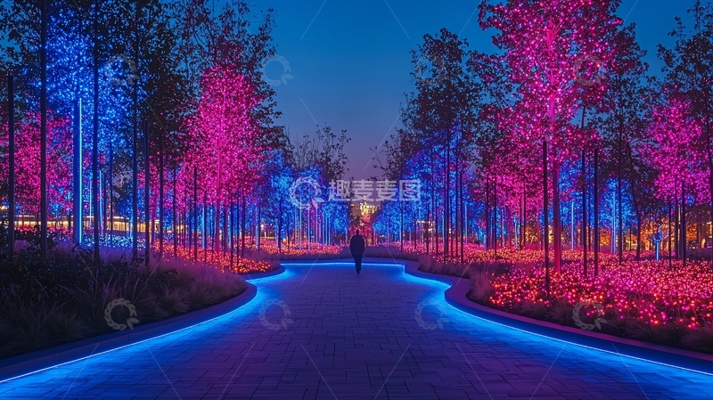 高清大图下载【趣麦麦图】夜色灯光树林小路