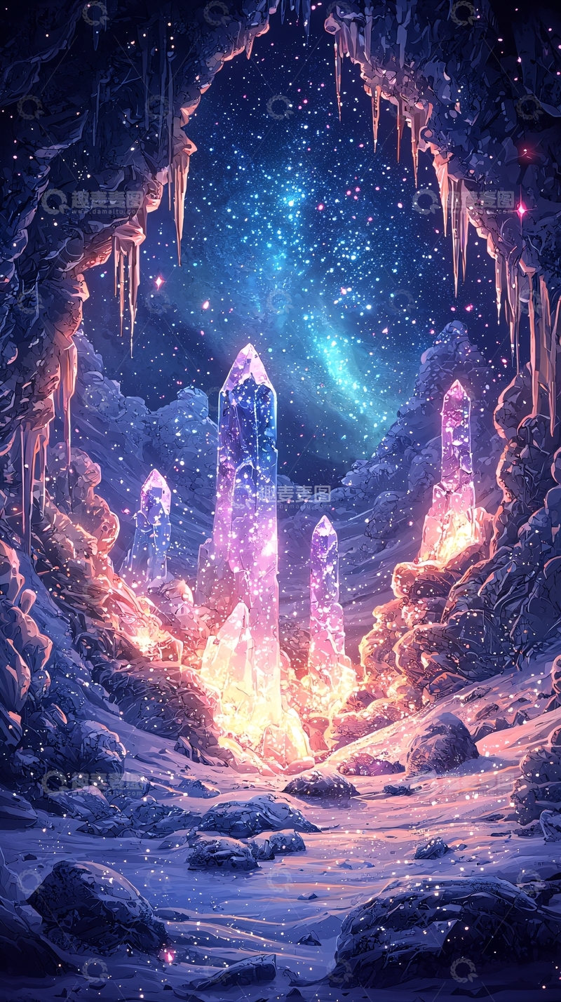 高清大图下载【趣麦麦图】冰雪洞穴中的发光水晶