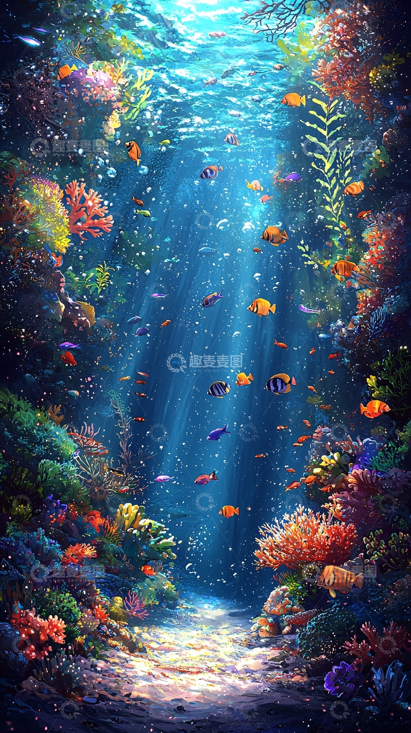 高清大图下载【趣麦麦图】海底珊瑚礁鱼群光线