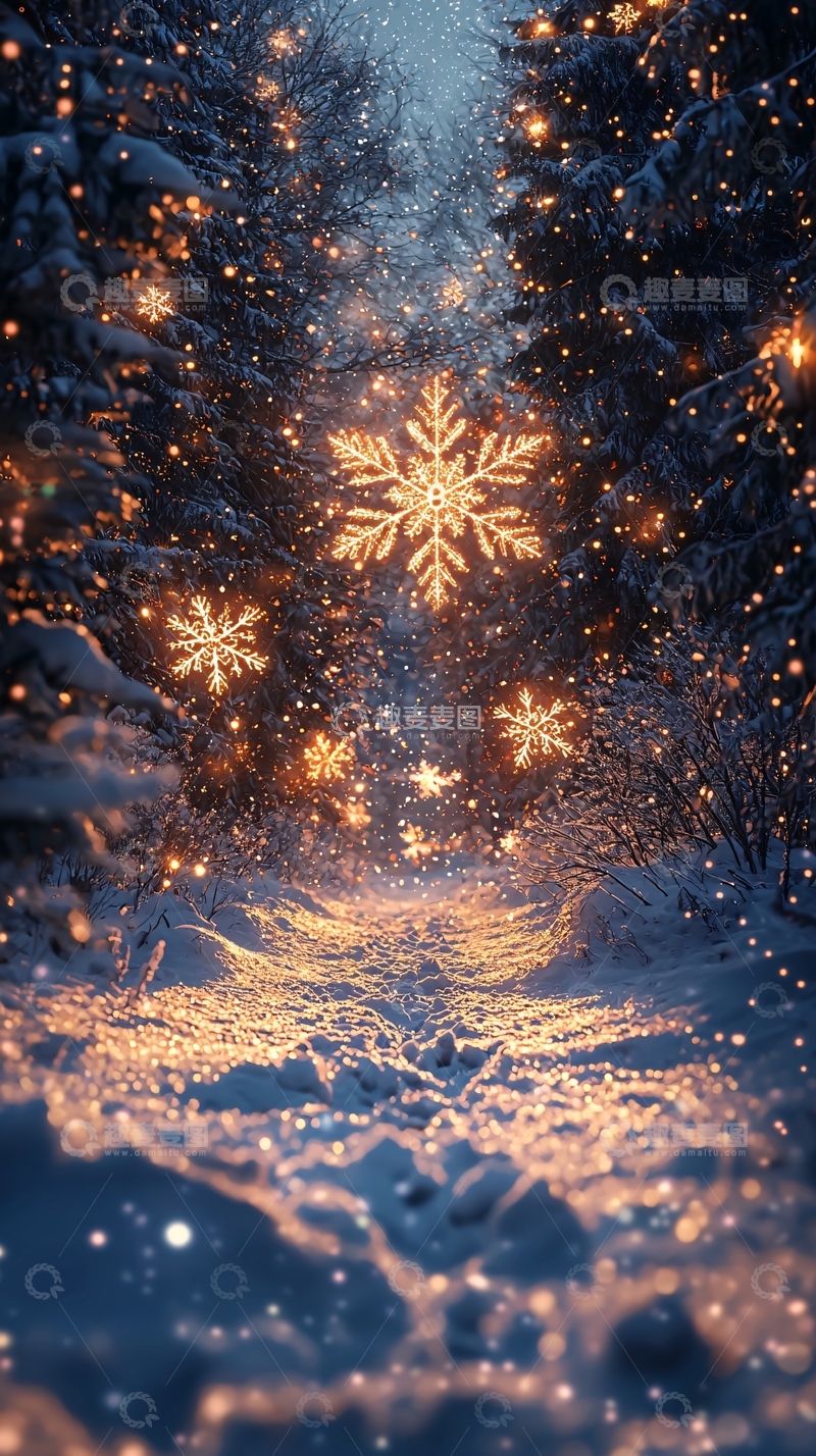 高清大图下载【趣麦麦图】雪地小路灯光雪花