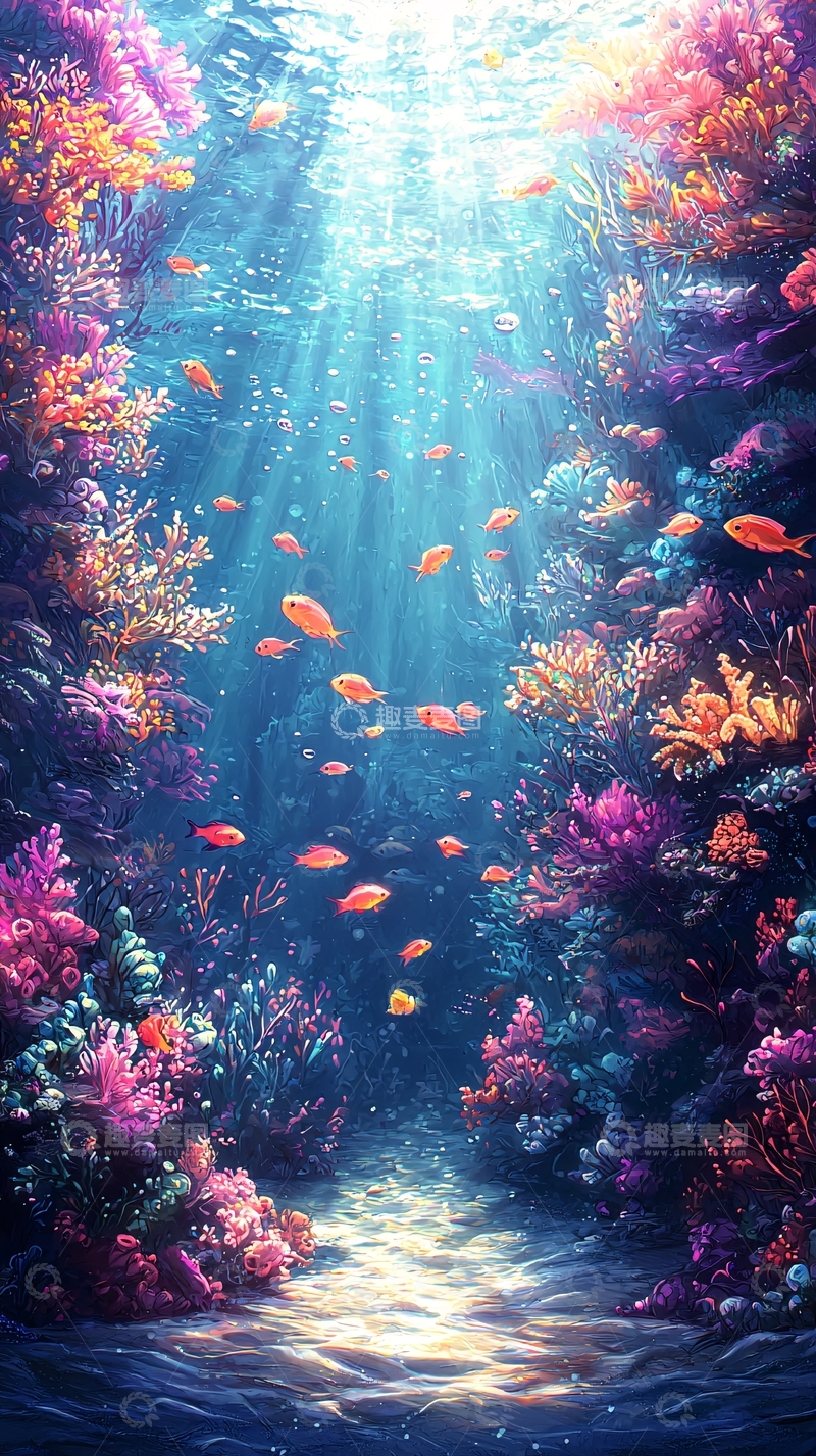 高清大图下载【趣麦麦图】海底珊瑚鱼群光线