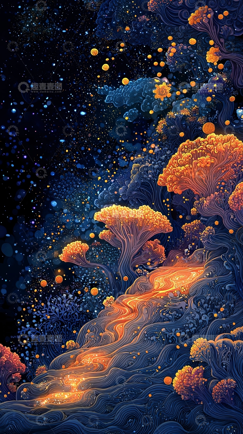 高清大图下载【趣麦麦图】奇幻星空下的发光树