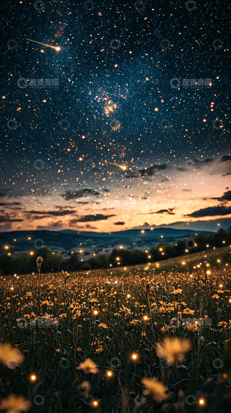 高清大图下载【趣麦麦图】星空下的萤火花田