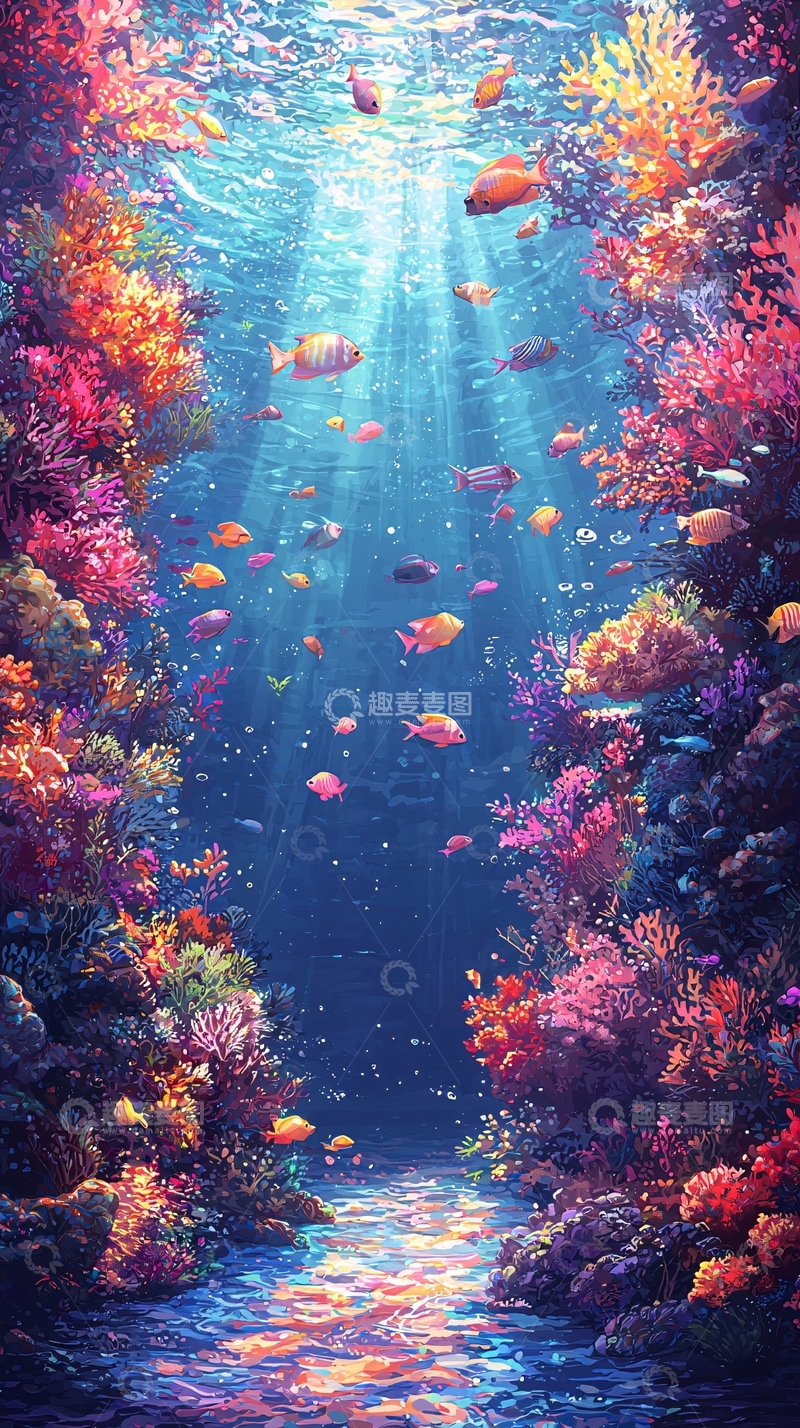 高清大图下载【趣麦麦图】水下珊瑚鱼群梦幻场景