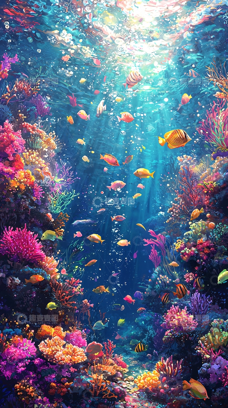 高清大图下载【趣麦麦图】海底珊瑚礁鱼群