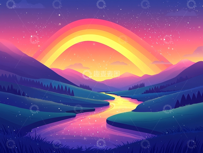 高清大图下载【趣麦麦图】紫色山川上的彩虹桥