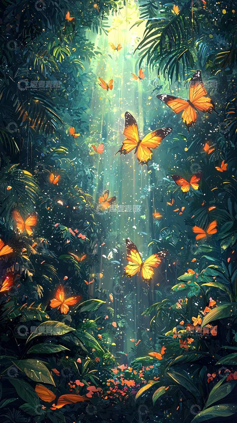 高清大图下载【趣麦麦图】热带雨林中的金色蝴蝶飞舞