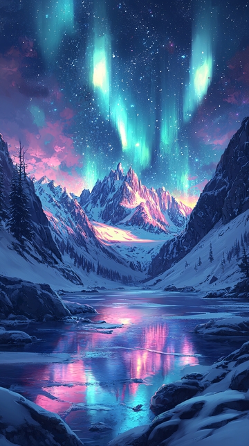 极光下的冰雪山脉