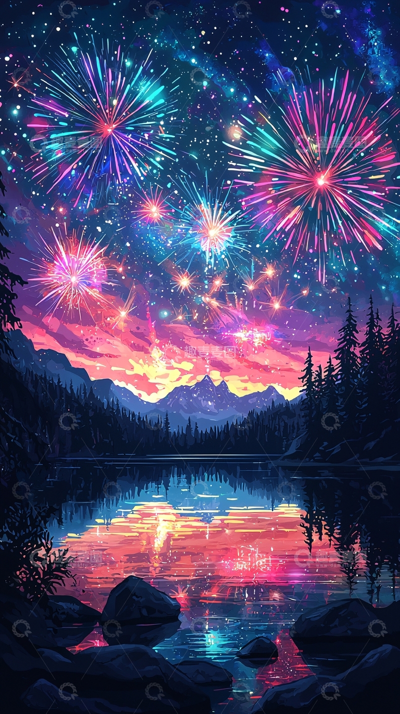 高清大图下载【趣麦麦图】夜空烟花湖面倒影