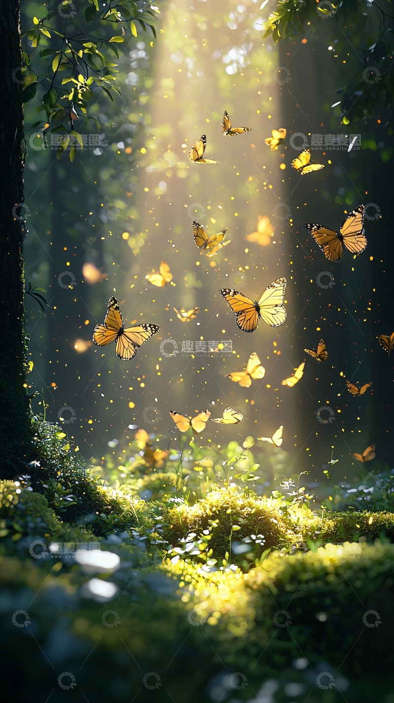 高清大图下载【趣麦麦图】森林光束蝴蝶
