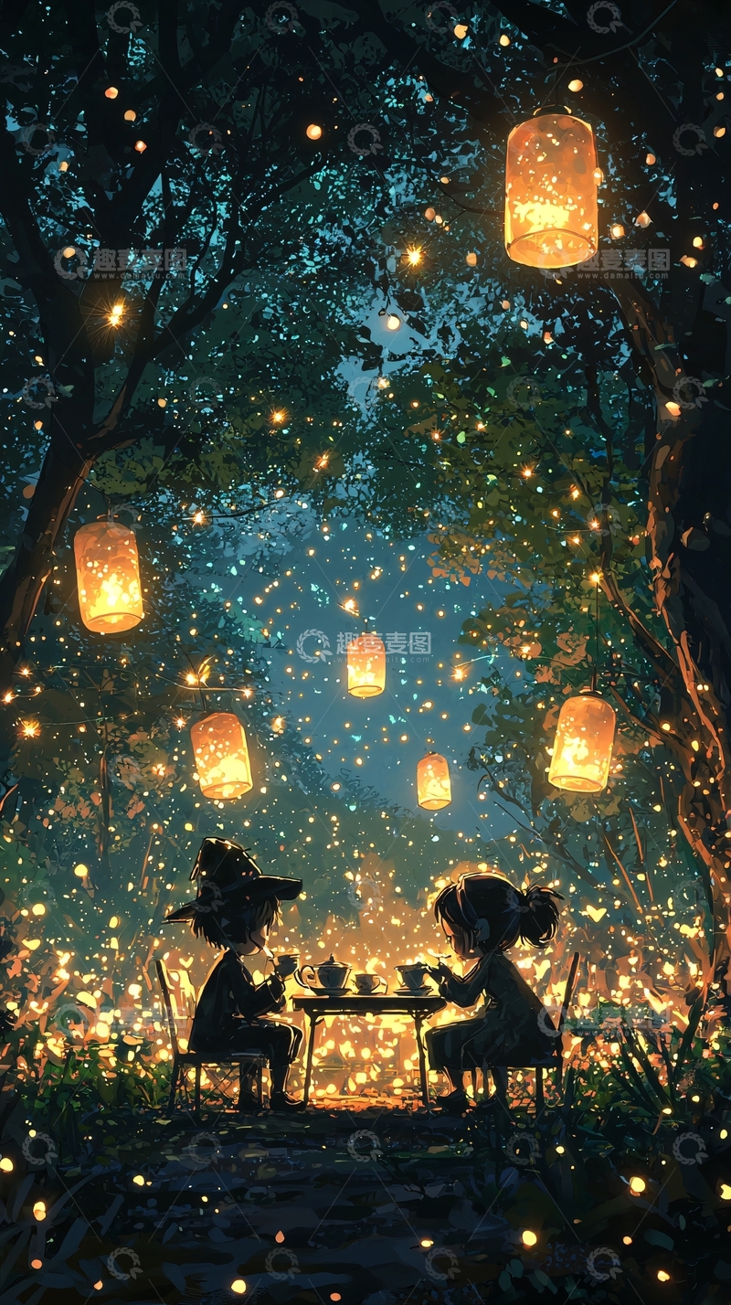 高清大图下载【趣麦麦图】萤火虫之夜森林茶会