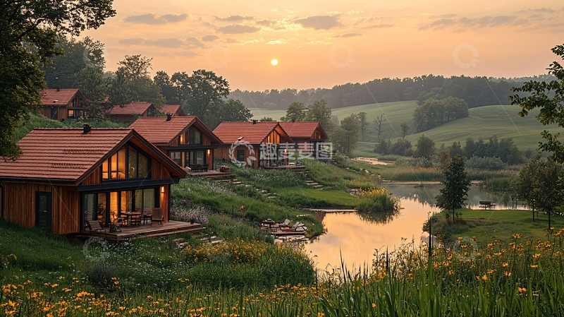 高清大图下载【趣麦麦图】日落时分木屋湖边景色