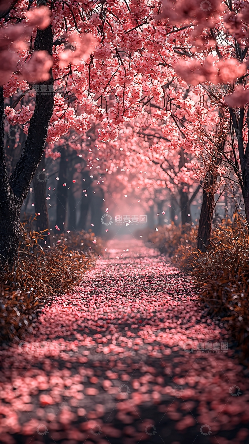 高清大图下载【趣麦麦图】粉色樱花树林小路