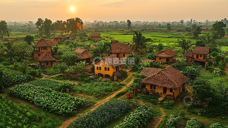 高清大图下载【趣麦麦图】日落田园乡村房屋景色