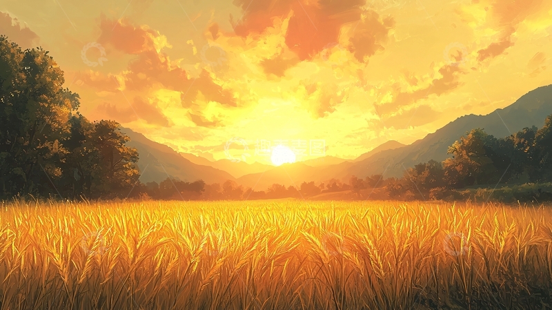 高清大图下载【趣麦麦图】金色麦田日落