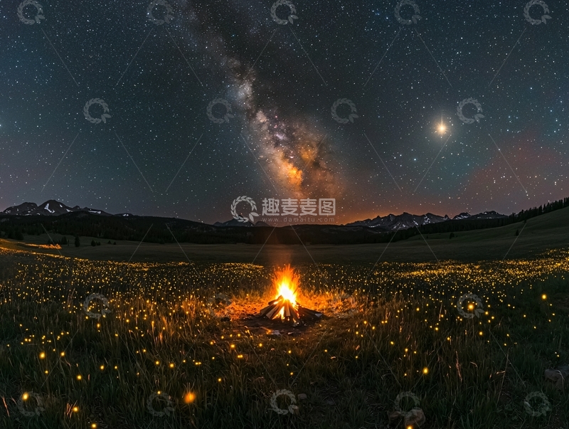 高清大图下载【趣麦麦图】夜空下篝火照亮草地