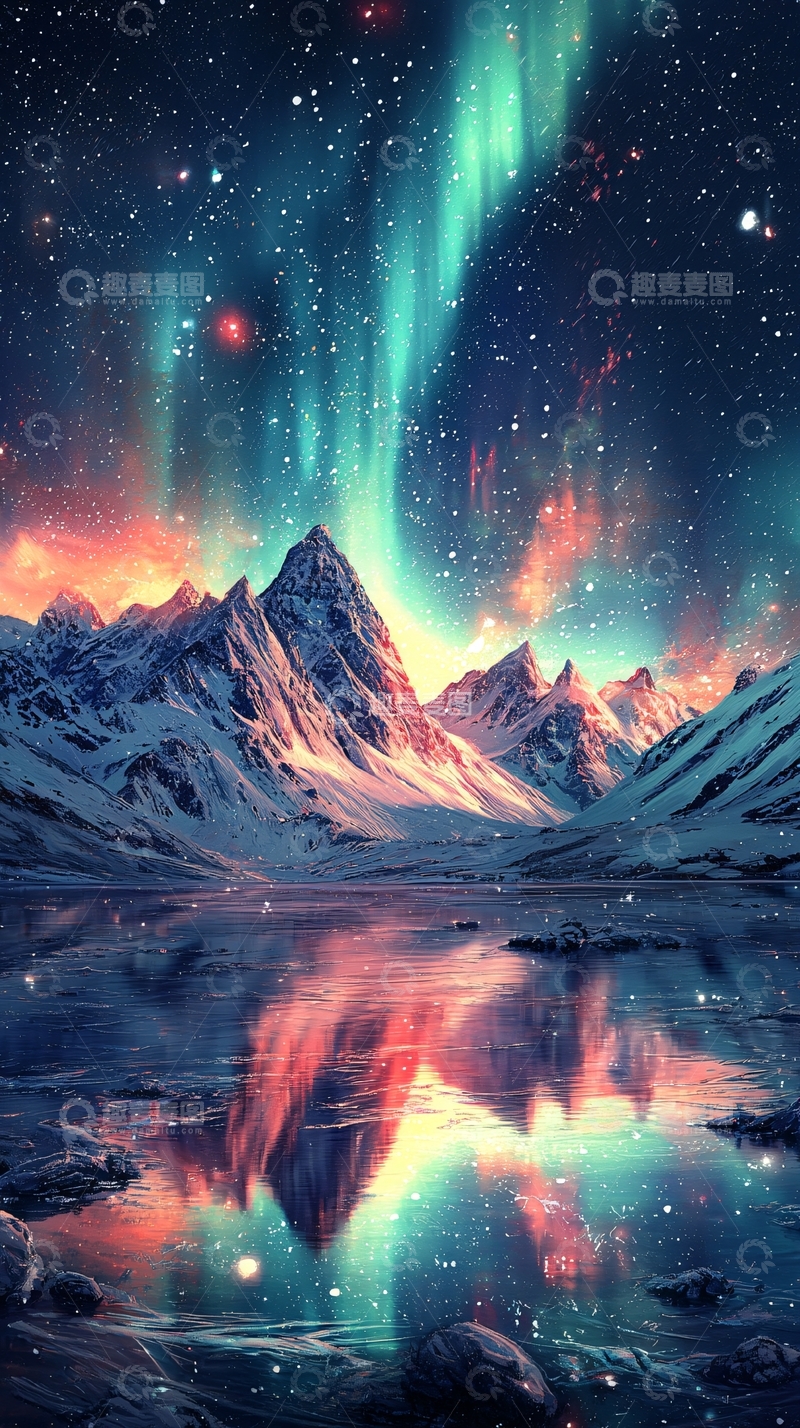 高清大图下载【趣麦麦图】极光雪山倒影星空