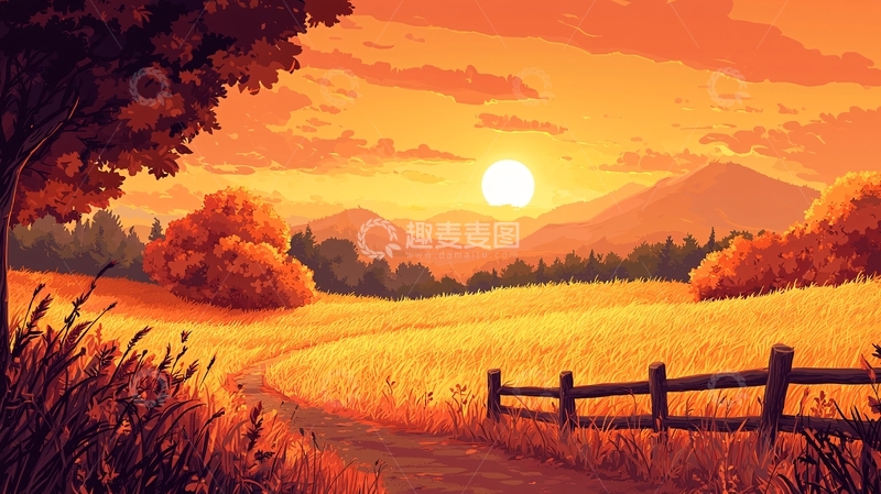 高清大图下载【趣麦麦图】秋日田园落日余晖