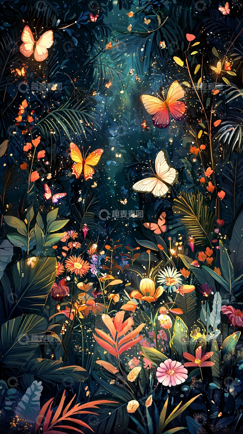 高清大图下载【趣麦麦图】萤火虫与蝴蝶的梦幻森林