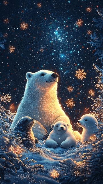 北极熊一家温馨雪夜